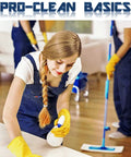 Person cleaning with yellow gloves and spray bottle in a professional setting; "Pro-Clean Basics" text above.