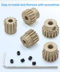 Dope Aluminum 7075 M0.6 Pinion Gear Set 13T 14T 15T 16T 17T for 1/10 RC Cars displayed with screws and tool