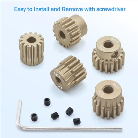 Dope Aluminum 7075 M0.6 Pinion Gear Set 13T 14T 15T 16T 17T for 1/10 RC Cars displayed with screws and tool
