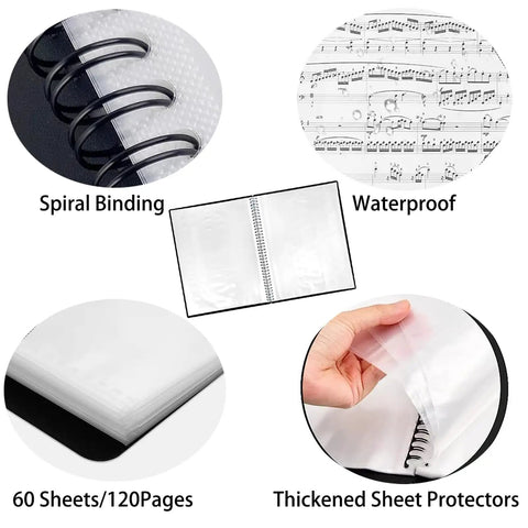 60 Pocket Portfolio Binder With Plastic Sleeves 120 Page File Organizer showing spiral binding and thickened sheet protectors.