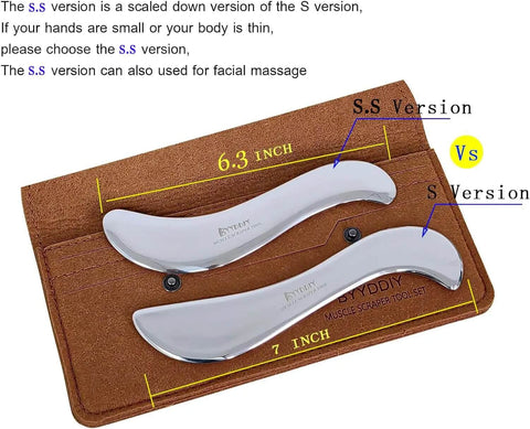 Stainless Steel Gua Sha Muscle Scraper Tool For Deep Tissue Release And Fascia Work Scar Tissue Breaker IASTM set on a leather case