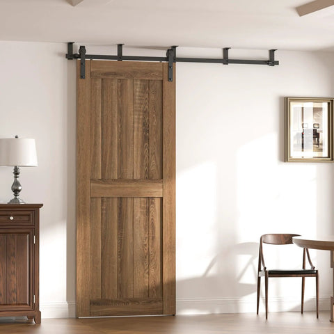 10 Ft Ceiling Mount Sliding Barn Door Hardware Kit Black With Low Ceiling L Shape Bracket System, installed with wooden door