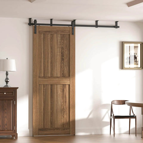 7 Foot Ceiling Mount Sliding Barn Door Hardware Kit Black Heavy Duty Steel Roller Hanger L Shape Bracket System For Low Ceiling Fits 42 Inch Wide Single Door Stable Quiet Smooth Operation installed on wooden door