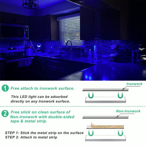Rechargeable Under Cabinet Lights 4 Pack Wireless RGB LED Lighting with installation method, 48 LEDs dimly lighting a kitchen
