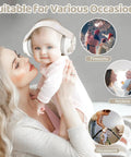 Mother holding baby wearing Kids Noise Canceling Earmuffs 25dB NRR for Babies 0 to 36 Months with Adjustable Headband and Soft Cushions