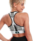 Back view of Pineapple Print Yoga Bra With Sunglasses Removable Padding Cross Back Sports Crop Top For Women Premium Fabric 86 Polyester 14 Spandex