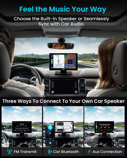 Effortless 9 Inch Wireless Apple CarPlay And Android Auto Screen in car, showing connectivity options, Portable Dash Display