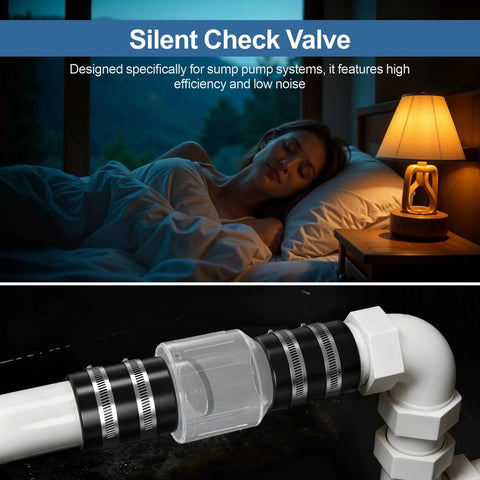 Silent check valve, 1-1/2 in, clear body with spring-loaded flapper, Buna-N couplings, stainless steel clamps