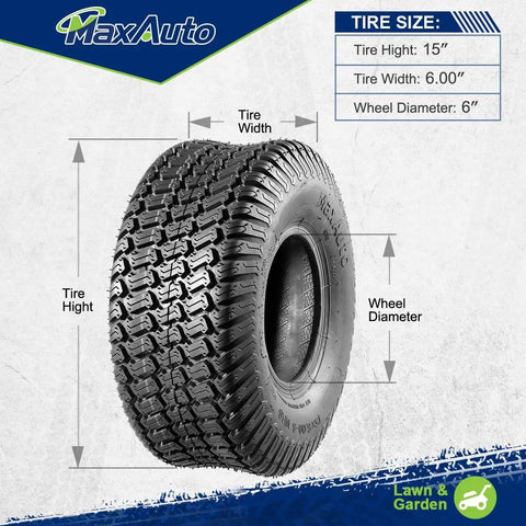 Front Turf Tires 15x6.00-6 For Lawn Mower And Riding Tractor Tubeless 4 Ply With 570 Lb Capacity Set Of 2 Non Highway Tread