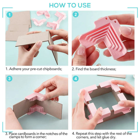 Tough As Nails Corner Guides And 5 In 1 Book Cover Tool For Chipboard Boxes And Binding Work in use showing assembly steps.