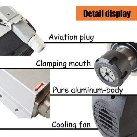 220V 6KW CNC Spindle Motor 18000RPM Square Body With ER32 Flange And Nut detail display with aviation plug and cooling fan