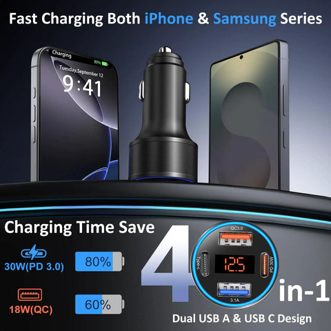 Quad Port Usb C Car Charger With Digital Voltage Gauge And Pd Fast Charge Tech For All Phones And Tablets Road Trip Ready Slick Black Finish No Stress Plug In Action with charging indicators and mobile devices.