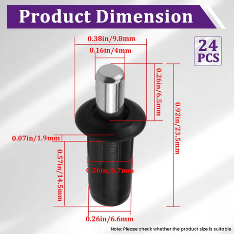 Spring Loaded Cabinet Door Repair Pins 24 Pack for Damper Replacement Pro Grade Anti Slip Telescopic Door Pins for Furniture Hardware Blinds and Cabinet Doors Black by SATUY with product dimensions.