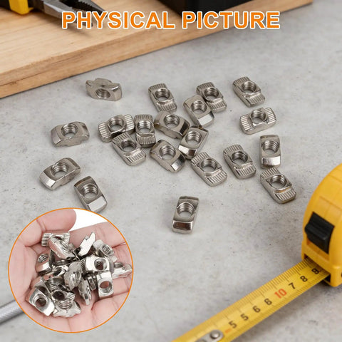Heavy Duty M8 T Nut Screw Kit For 4040 4080 Aluminum Extrusion 60 Piece Set nickel plated T-nuts on table with tape measure