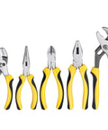 Five Piece Pliers Set With Eight Inch Groove Joint Pliers, Seven Inch Linesman Pliers, Six Inch Long Nose Pliers, displayed on white