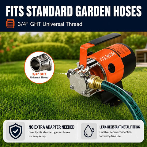 Heavy Duty 115V Electric Water Transfer Pump Delivers No Sweat 330 GPH Flow With A Rock Solid Build And A Dependable Forty Foot Lift For All Your Wet Yard Tasks, showing universal thread connection for garden hoses.