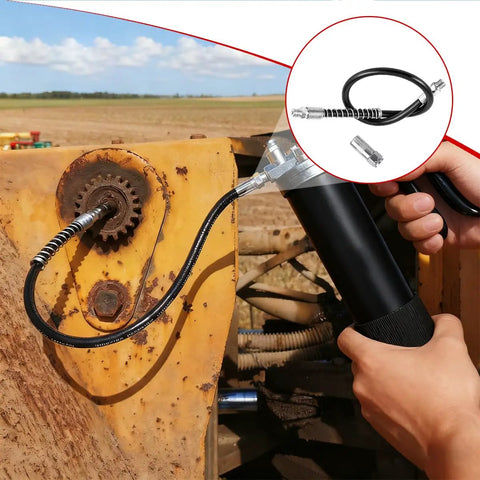 Go To 20 Inch Heavy Duty High Pressure Grease Gun Hose Kit With 10000 PSI Nylon Flex Hose One Eighth NPT Threads Coupler Universal Fit Whip Tube Extension For Auto Shop Use installed on machinery