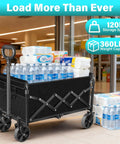Foldable Wagon Cart With Wheels For Groceries, Picnics, Beach Trips And More, Heavy Duty Collapsible Utility Wagon, Portable Hauler, 360Lb Capacity, Jet Black; shown loaded with water bottles and paper towels.