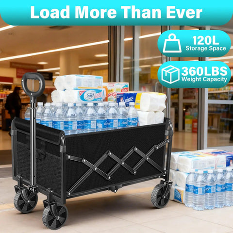 Foldable Wagon Cart With Wheels For Groceries, Picnics, Beach Trips And More, Heavy Duty Collapsible Utility Wagon, Portable Hauler, 360Lb Capacity, Jet Black; shown loaded with water bottles and paper towels.
