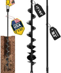 All Purpose Auger Drill Bit Set For Quick Planting And Hole Digging Two Inch By Thirty Two Inch With Extension Spiral Hole Planter For Bulbs Fence Posts And Umbrella Holes Three Eighth Inch Hex Drive Easy Garden Yard Tool in use and displayed separately.