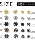 Two Hundred Pcs Fabric Snaps Set in 8mm and 10mm Sizes with Five Color Options displayed with quantity per type