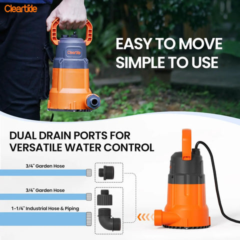 Hand holding Heavy Duty Submersible Water Pump 8160 LPH with Copper Motor for Pool Draining, with hose connections visible.