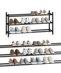 Expandable 3 Tier Metal Shoe Rack Holds 12 To 18 Pairs Freestanding Stackable Organizer For Closet, black finish, stacked units.