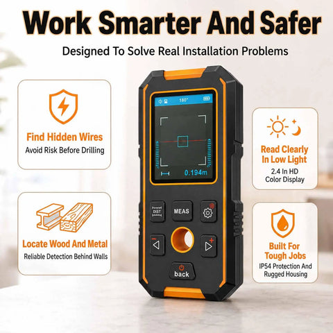 Beam Detector Rangefinder, Stud Finder Wall Scanner Stud Detector with Smart Sensors & Voice Broadcast, measuring features displayed clearly.