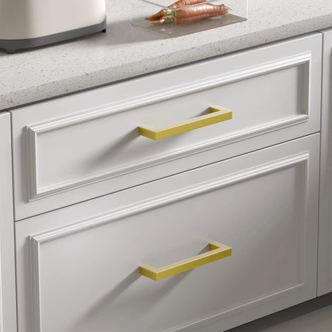 10 Pack 5 Inch Brushed Gold Cabinet Pulls Set For Kitchen Cabinets Modern Handles With Gold Drawer Pulls Stainless Steel Hardware Durable Hollow Construction And Smooth Mounting Holes For Easy Replacement Or Upgrading on white drawers