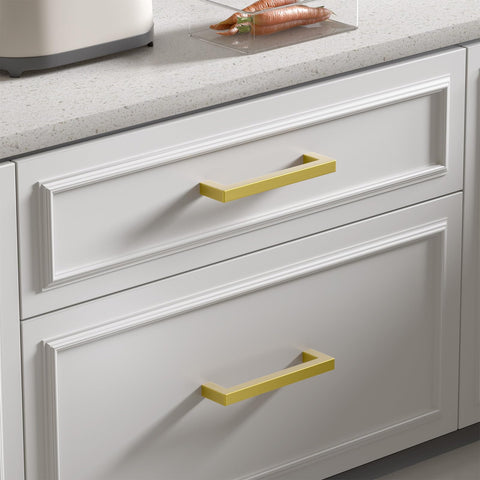 Brushed Brass Cabinet Pulls 8 Inch Center, 204mm Hole Centers, Half Inch Square Bar, 10 Pack Kitchen Drawer Handles on white cabinets