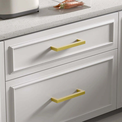 Heavy Duty Brushed Gold Cabinet Handles And Drawer Pulls 25 Pack 5 Inch Stainless Steel Kitchen Upgrades on white cabinet.