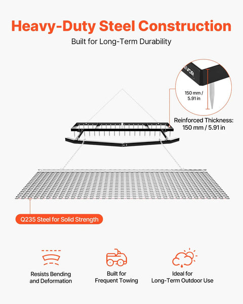 Diagram of Tow Behind 6 Ft Drag Harrow With Chain Harrow Adjustable Width 80 Lb Load Capacity showing heavy-duty steel construction.