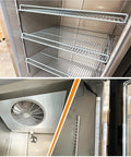 Interior view of Top Shelf Commercial Freezer Upright Reach In With Tempered Glass Door and Built Tough Stainless Steel Exterior, showing shelves and fan.