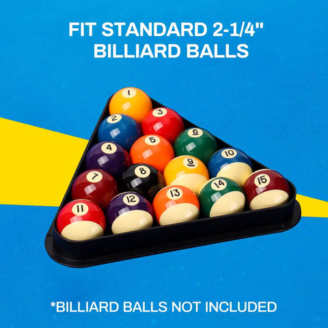 Black Plastic Billiard Rack Set For 8-Ball Triangle And 9-Ball Diamond Fits Standard 2 1/4 Inch Pool Balls, shown with balls inside.