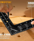 Built Tough 16 X 24 Inch Steel Framing Square Featuring Etched Rafter Tables And Sharp Measurement Lines For Skilled Carpenters and DIY Builders using the tool for precise marking on wood.