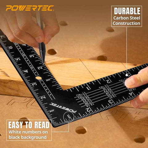 Built Tough 16 X 24 Inch Steel Framing Square Featuring Etched Rafter Tables And Sharp Measurement Lines For Skilled Carpenters and DIY Builders using the tool for precise marking on wood.