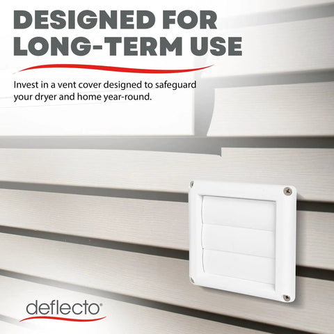 Supurr Vent 4 Inch Outdoor Dryer Vent Cover White Louvered Wall Hood With Gravity Damper for backdraft prevention displayed.