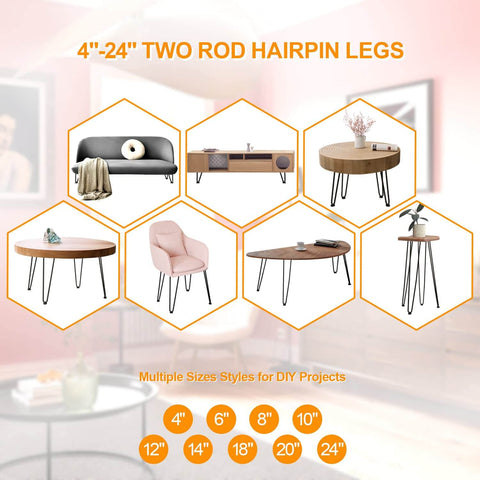 Heavy Duty Hairpin Leg Set For Furniture 10 Inch Three Eighths Inch Solid Iron Black Metal Table Legs Four Pack With Floor Protectors Ideal For Dresser Bench Cabinet Stool And DIY Projects with various furniture styles.