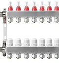 Front view of 7-Branch Radiant Heat Manifold For Hydronic Floor Heating, Stainless Steel PEX with integrated thermometer, adapters included