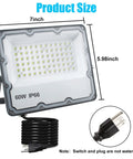 2 Pack 60W LED Outdoor Flood Light Plug In 110V Aluminum Body Exterior Flood Lights With PC Lens, with cable and plug details
