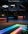 Outdoor LED Strip Lights 98.4 Feet Smart RGBIC Tape Lights illuminating patio with solid clips, adhesive, connectors.