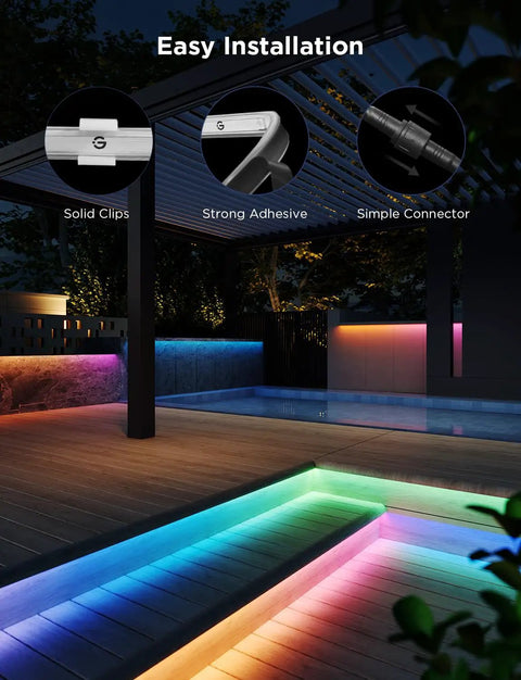Outdoor LED Strip Lights 98.4 Feet Smart RGBIC Tape Lights illuminating patio with solid clips, adhesive, connectors.