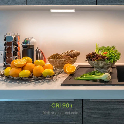 Dimmable 9 Inch Under Cabinet LED Lights For Kitchen No Fuss Easy Install, 3W 202 Lumens, illuminating fruits and vegetables.