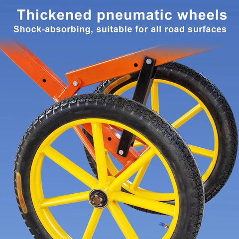 Heavy Duty Adjustable Lid Lifter Dolly With Air Ride Wheels And Rock Solid Clamps for Hauling Massive Stones showing thickened pneumatic wheels.