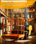 Heavy Duty Forklift Safety Cage Built Like Armor With Nonslip Mesh Deck Measures 36 by 36 Inches Holds Up To 1200 Lbs attached to forklift in warehouse.