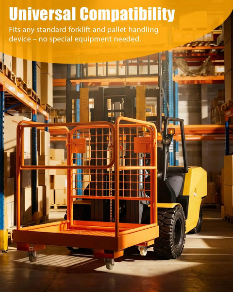 Heavy Duty Forklift Safety Cage Built Like Armor With Nonslip Mesh Deck Measures 36 by 36 Inches Holds Up To 1200 Lbs attached to forklift in warehouse.