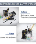 Comparison of before and after storage organization with pencil holders and various office supplies on a desk.