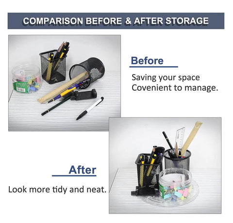 Comparison of before and after storage organization with pencil holders and various office supplies on a desk.