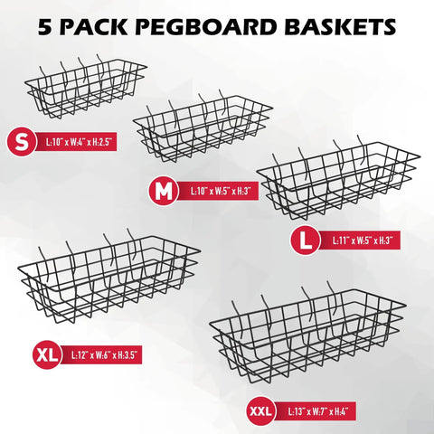 5 Piece Pegboard Baskets Set Heavy Duty Black Metal Wire Organizer Bins For Garage, Workshop, And Craft Room Wall Mount Tool Shelves Durable Steel Storage Bins To Tidy Tools And Accessories, sizes S to XXL displayed.