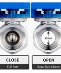 Half Inch Motorized Ball Valve In Stainless Steel With Full Port For Water Lines 9 To 24V AC DC Two Wire Auto Return NPT Thread